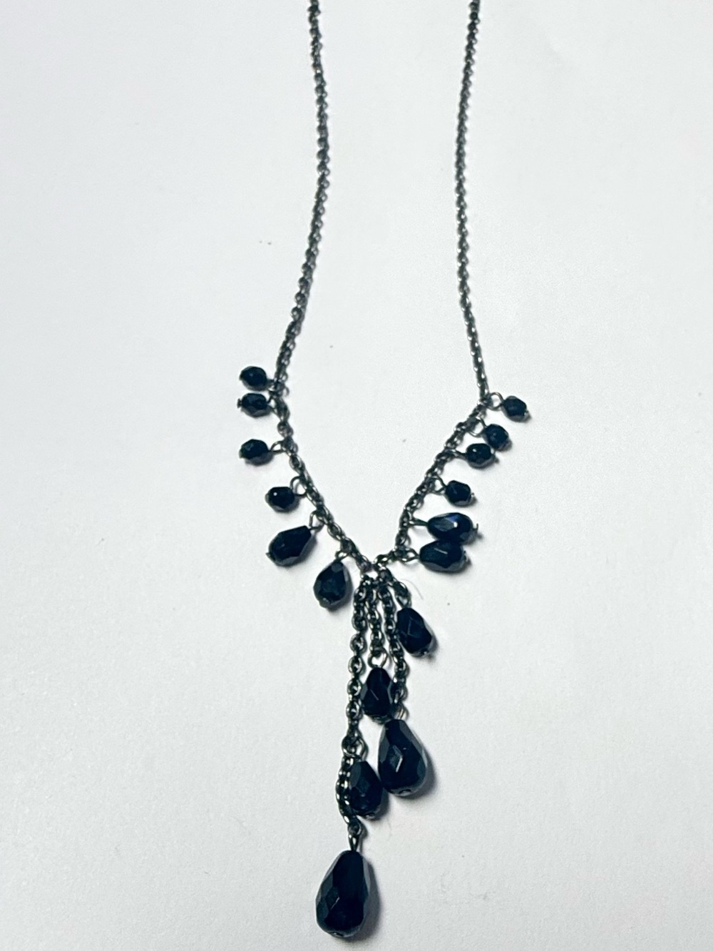 Black Faceted Beaded Y Drop Necklace Gunmetal Chain